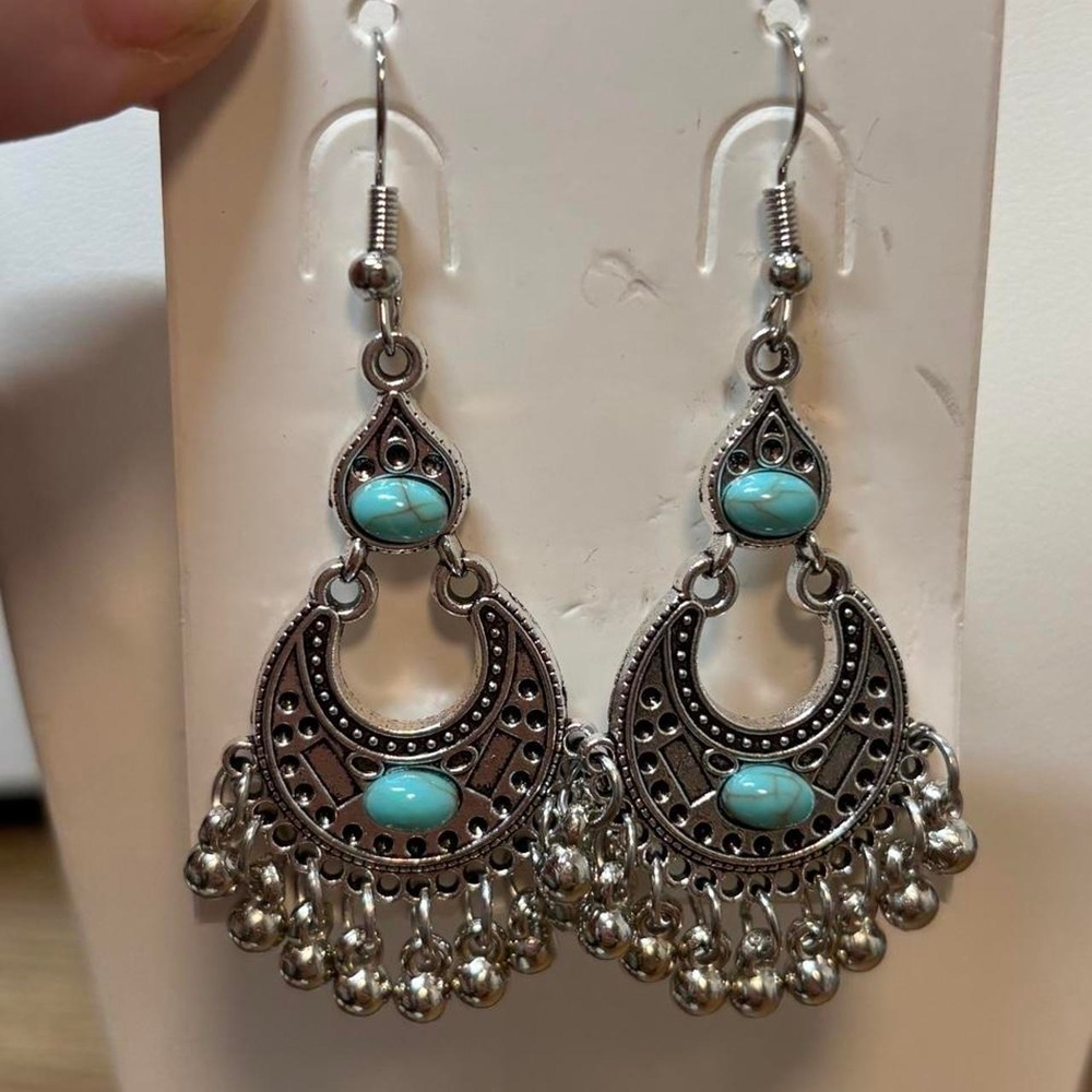 Silver Tone Faux Turquoise Boho Chandelier Earrings Southwestern Bead Dangle